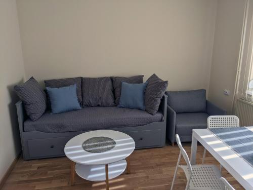 a living room with a couch and a table at Affordable and Newly Renovated 1-bedroom Apartment in Kraljevo