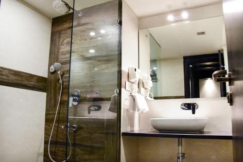 a bathroom with a sink and a shower with a mirror at Hotel Platinum Shravasti in Katra