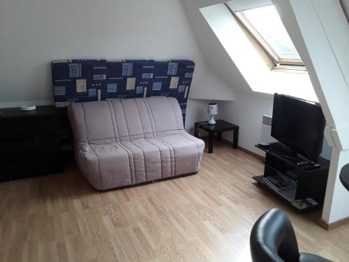 un salon avec un canapé et une télévision dans l'établissement Studio lumineux 50 m de la plage, à Mers-les-Bains