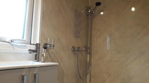 y baño con ducha con mampara de cristal. en Rowan - Luxury Eco Pod at Trewithen Farm Glamping, en Launceston