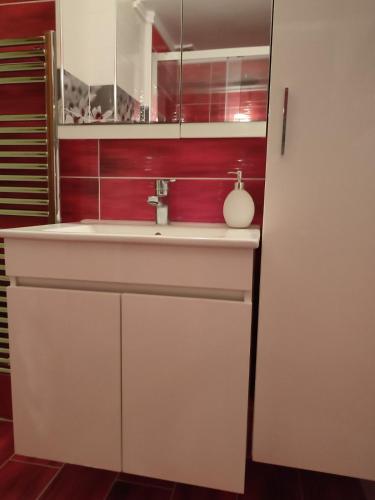 a bathroom with a white sink and a mirror at Blue Dolphins Apartment in Nea Moudania
