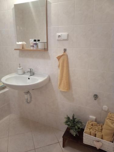 a white bathroom with a sink and a mirror at U Koupaliště in Bavorov