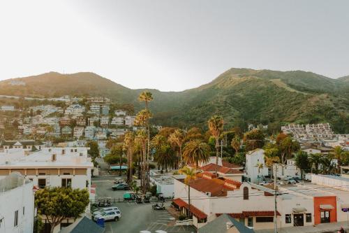 a city with palm trees and mountains in the background at Hermosa Hotel in Avalon