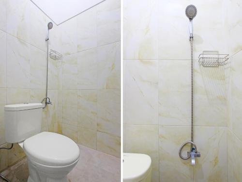 two pictures of a bathroom with a toilet and a shower at OYO 91487 Ib Homestay Syariah in Tegal