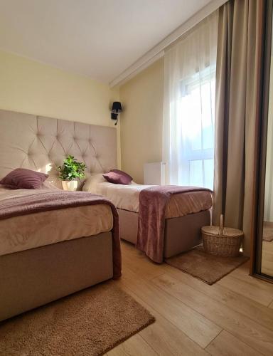 a bedroom with two beds and a window at Malta Premium Apartment, free parking, self check-in 24h, air-conditioning in Poznań