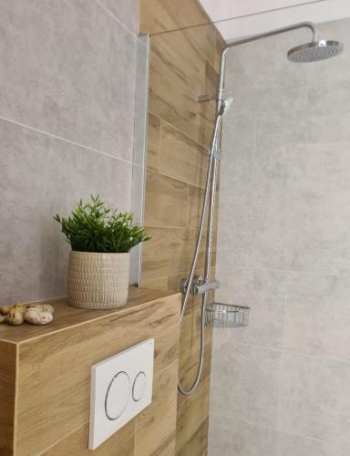 a shower with a glass door in a bathroom at Malta Premium Apartment, free parking, self check-in 24h, air-conditioning in Poznań