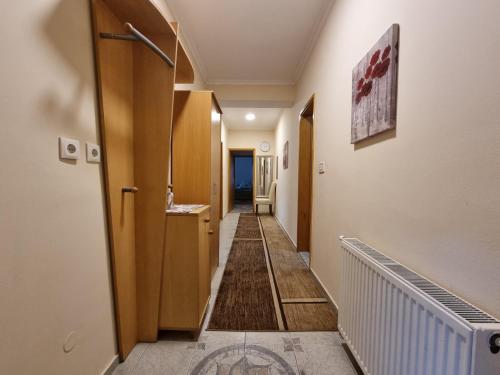 a hallway with a long hall with wooden cabinets and a sink at Comfort A&M in Sarajevo