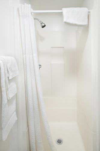 a shower with a white shower curtain in a bathroom at Hermosa Hotel in Avalon