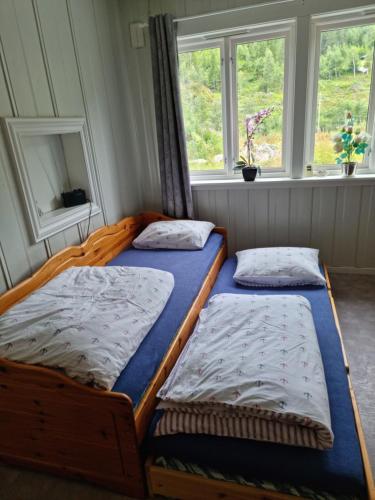 two beds in a room with two windows at Leilighet i Åmotsdal in Kyrkjemoen