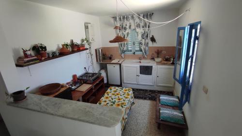 a living room with a couch and a kitchen at Charmant logement avec jardin en permaculture in Chebba