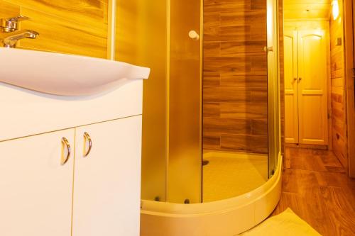 a bathroom with a shower and a sink at Kuća za odmor Lara in Otočac