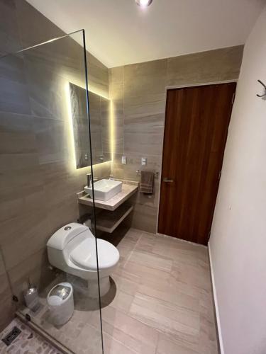 a bathroom with a toilet and a sink and a mirror at Listos enero 2024 Club de Playa gratis albercas in Acapulco