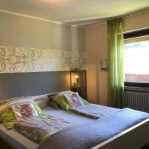 a bedroom with a bed with blue sheets and a window at fun4all-holidayhome in Medebach