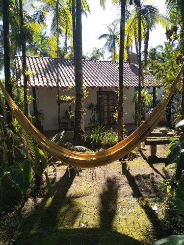 amaca di fronte a una casa con palme di Armazém do Porto Chalé Ixora a Morretes