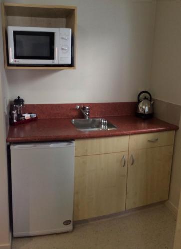a kitchen with a sink and a microwave at Bella Vista Motel Lake Wanaka in Wanaka