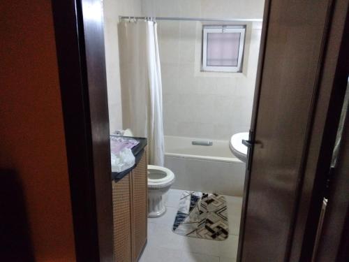 a small bathroom with a toilet and a sink at City Center Furnished Apartment in Madaba