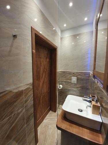 un baño con lavabo y ducha en Studio Srce, en Kranjska Gora
