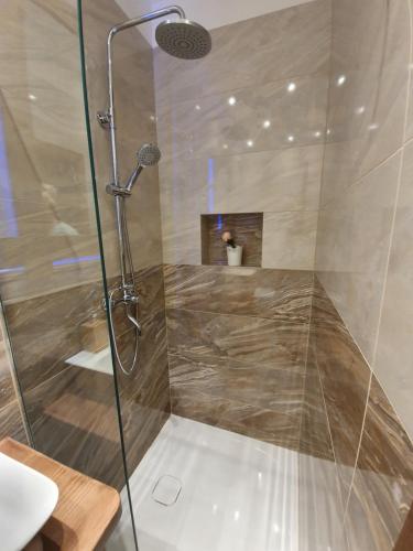 a shower with a glass door in a bathroom at Studio Srce in Kranjska Gora