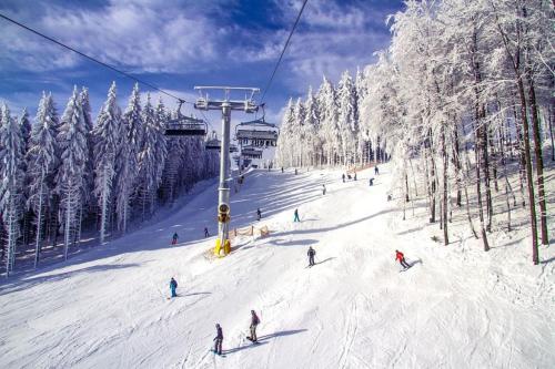 a group of people skiing down a snow covered ski slope at fun4all-holidayhome in Medebach
