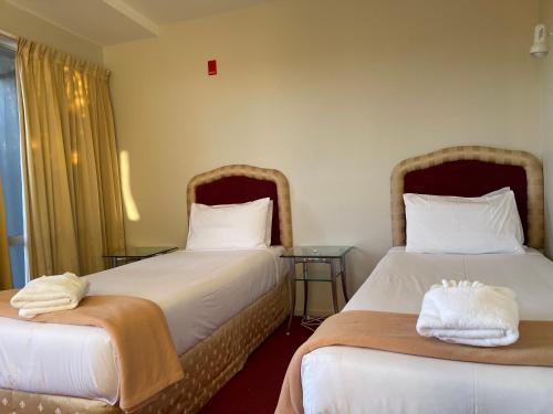 two beds sitting next to each other in a room at Chantillys Motor Lodge in Taupo
