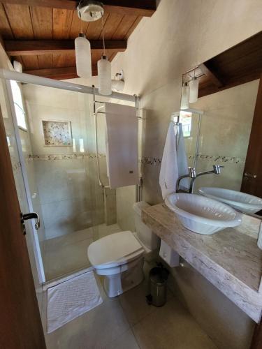 y baño con lavabo, aseo y ducha. en Pousada Valparaiso en Petrópolis