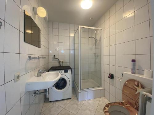 een badkamer met een wasmachine en een wastafel bij Catharina in Stevensweert