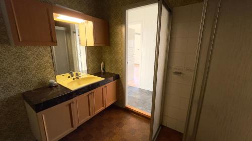 a bathroom with a sink and a mirror at Lofoten Red Villa in Laupstad