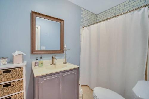 a bathroom with a sink and a mirror and a toilet at New Cheerful Renovated Home - 5 Min to Downtown! in Savannah