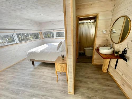 um quarto com uma cama, um lavatório e um espelho em Refugio con calefaccion central y tinaja em Malalcahuello