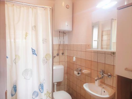a bathroom with a shower curtain and a toilet and a sink at Apartments with a parking space Rukavac, Vis - 8496 in Rukavac