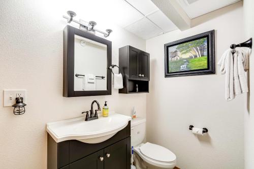 a bathroom with a sink and a toilet and a mirror at The Lakefront Treehouse in Shelton