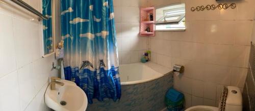 a bathroom with a sink and a shower curtain at Nurgul in Bokonbayevo