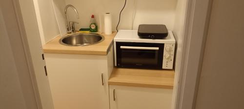 a small kitchen with a sink and a microwave at Amerikis Street 1 bedroom apartment in Athens