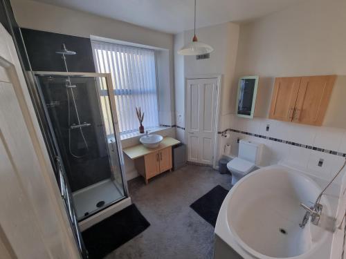 a bathroom with a shower and a sink and a toilet at 2 Mill Street in Penrith