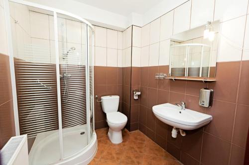 ヤロスワフにあるHotel Turkusのバスルーム(トイレ、シャワー、シンク付)