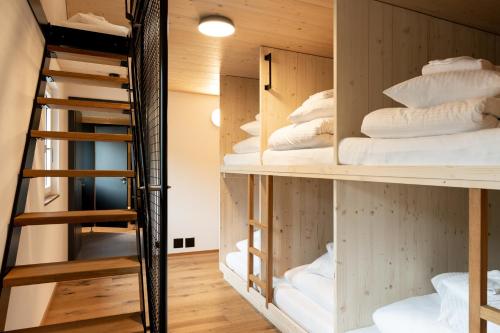 een kamer met een stapelbed en een ladder bij Lindenhof Ebnet in Entlebuch