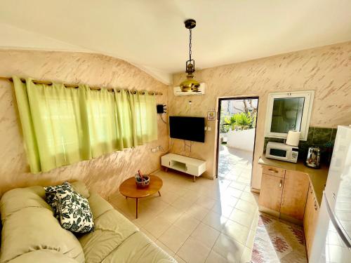 un soggiorno con un divano e una televisione di OASIS GARDEN a Eilat
