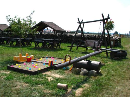 un parque infantil con un juego en el césped en Pensiunea Neredy, en Baile 1 Mai