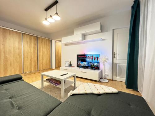a living room with a couch and a flat screen tv at RSA apartment - Comfort near City Centre in Bucharest