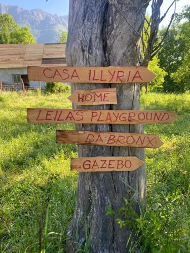 a sign attached to a tree with signs on it at Casa Illyria in Gusinje