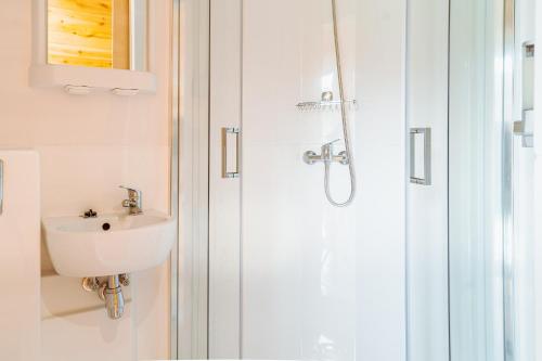 a bathroom with a sink and a shower at Arche Siedlisko Rogacze 65 in Milejczyce