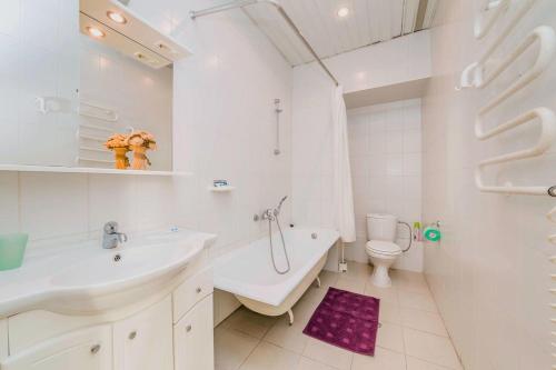 a white bathroom with a sink and a toilet at Feelathome Apartments on Millionnaya in Saint Petersburg