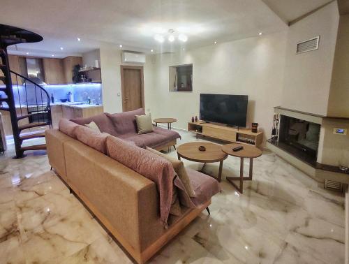 Televízia a/alebo spoločenská miestnosť v ubytovaní Rapsani Panorama Villa