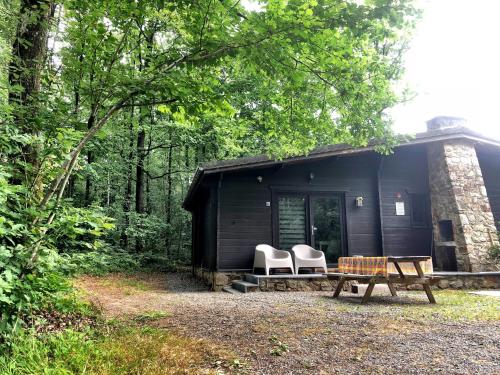 a black cabin in the woods with two chairs and a bench at Forest Lodge in Petit Mesnil