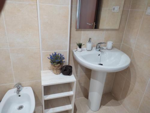 a bathroom with a sink and a mirror and a toilet at Apartament La Morra in Sant Carles de la Ràpita