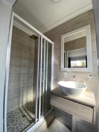 uma casa de banho com um lavatório e um chuveiro com um espelho. em Castle45 em Roodepoort