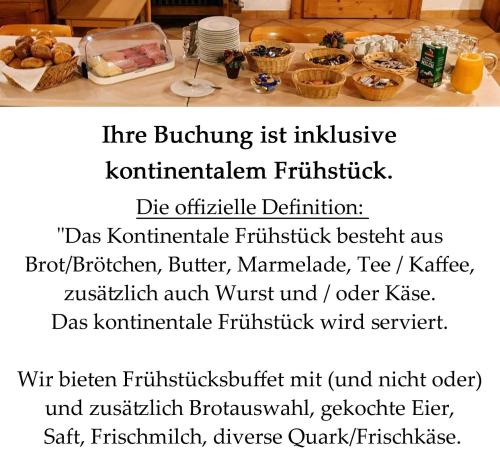 un volantino per un ristorante con tavolo e cibo di Gasthof Pension Altwirt a Sachsenkam