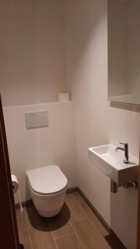 a white bathroom with a toilet and a sink at The Kettle House - Stable in Sint-Pieters-Leeuw