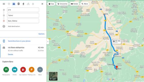 a map showing the route of a bus route at Country House Sunčev breg in Bara Slatina