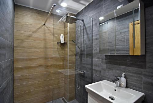 een badkamer met een wastafel en een glazen douche bij Apartment Orpheus in Velingrad